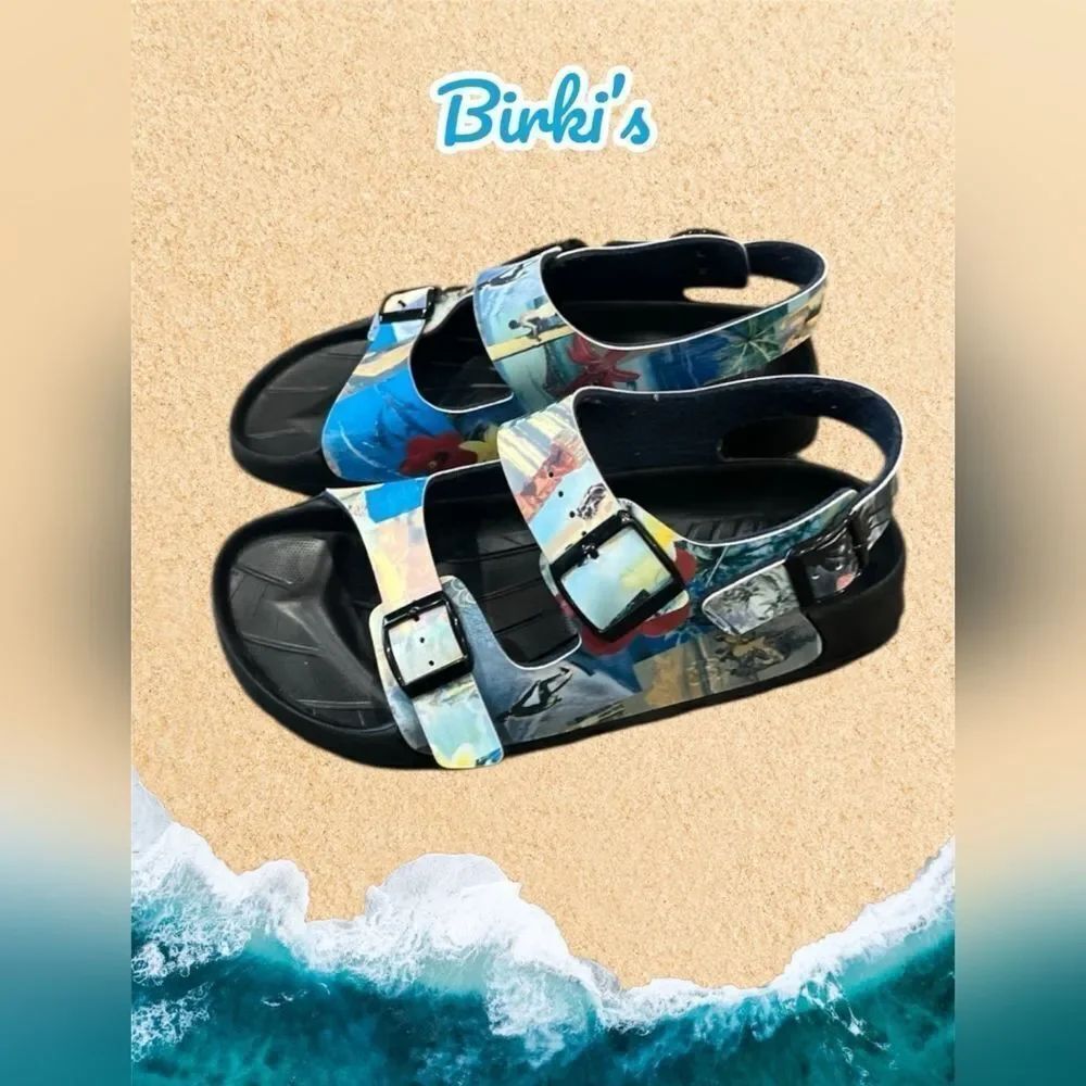 BIRKI’S by BIRKENSTOCK Colorful Hawaiian Print Tiki Beach Sandals sz 42 Or 9-9.w